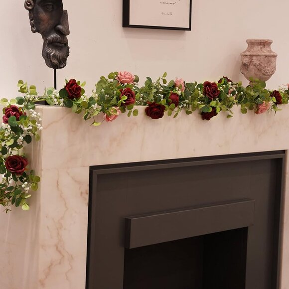 5.91FT Artificial Eucalyptus Garland with Roses and Gypsophila, Faux Floral Garl - Picture 6 of 7